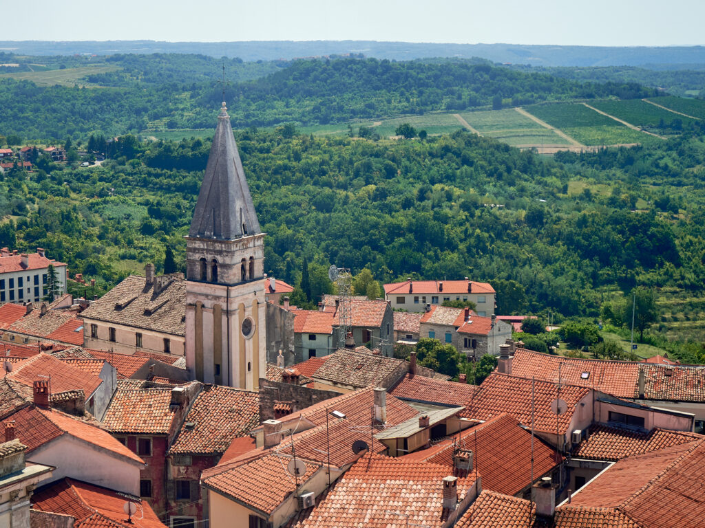 Roofs, tower and nearby landscape of Buje town in Istria region of Croatia