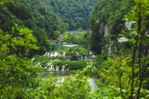 Lush greenery of the waterfalls at Lake Plitvice